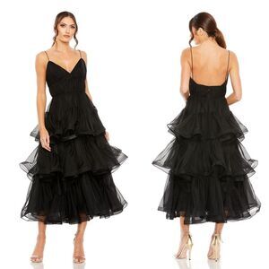 Mac Duggal 68411 Tiered Ruffled Tulle Organza Midi V-neck Dress, Black, Size 2